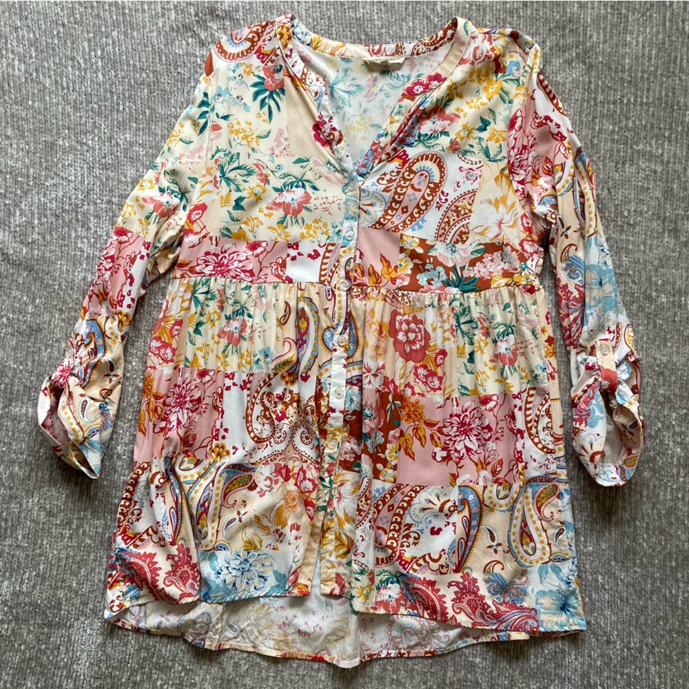 Christian Siriano Boho Floral Paisley Tunic Dress Size L Patchwork Spring